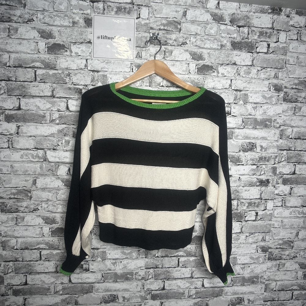 EUC Maeve By Anthropology Striped Black and White Sweater Green Collar Size XS
